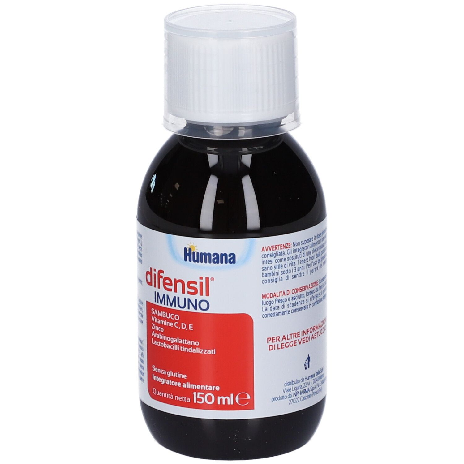 Braune Flüssigkeit in einer Flasche mit weißem Deckel. Aufschrift: difensil immuno, Humana. Roter Aufkleber mit Inhaltsstoffen.