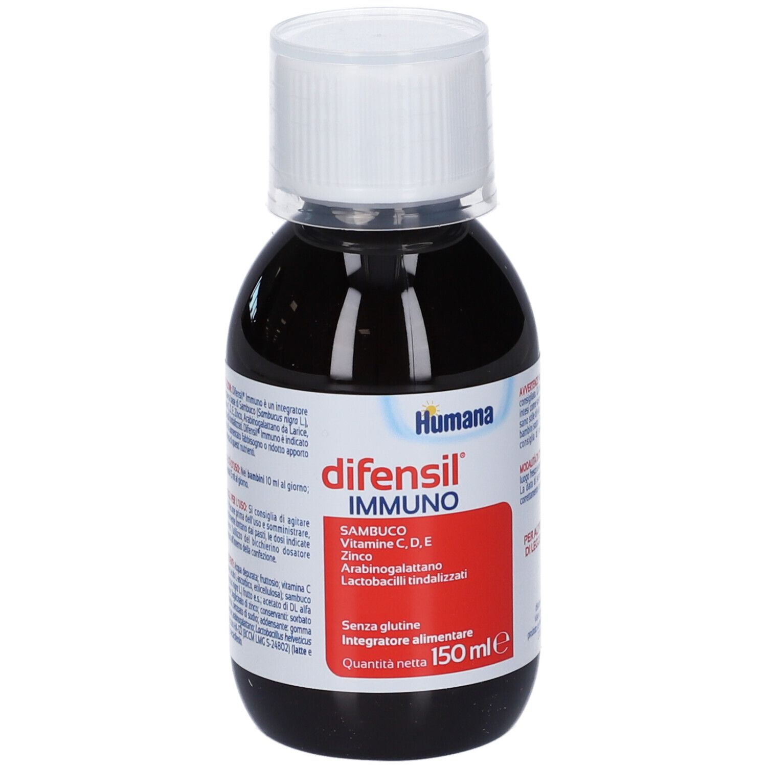 Braune Flüssigkeit in einer Flasche mit weißem Deckel. Aufschrift: difensil immuno, Humana. Roter Aufkleber mit Inhaltsstoffen.
