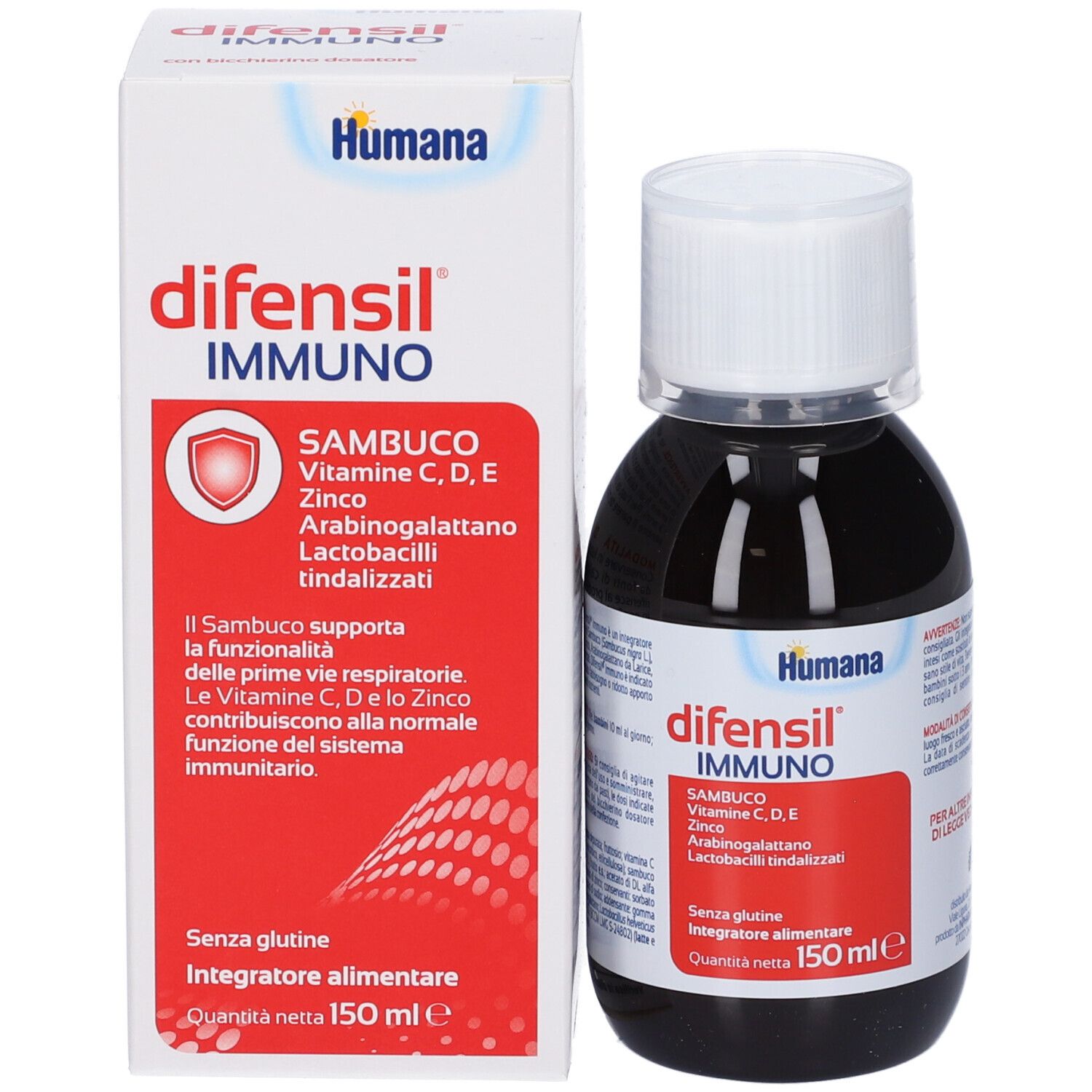 Produktverpackung und Flasche mit brauner Flüssigkeit. Aufschrift: difensil immuno, Humana. Roter Aufkleber mit Inhaltsstoffen.