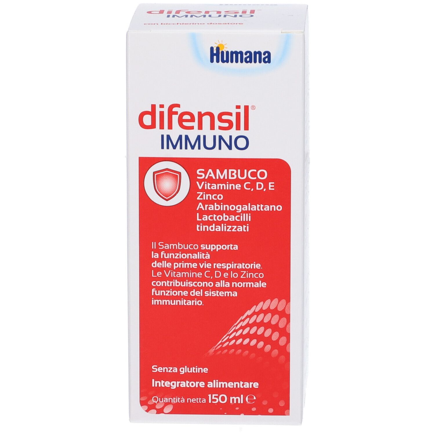 Produktverpackung mit Aufschrift: difensil immuno, Humana. Roter Aufkleber mit Inhaltsstoffen und Produktinformationen.
