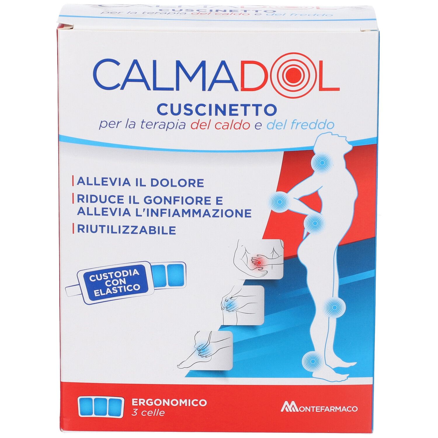 CALMADOL® Kühl-/Wärmepad-Verpackung mit Abbildungen zur Schmerzlinderung und Entzündungshemmung.