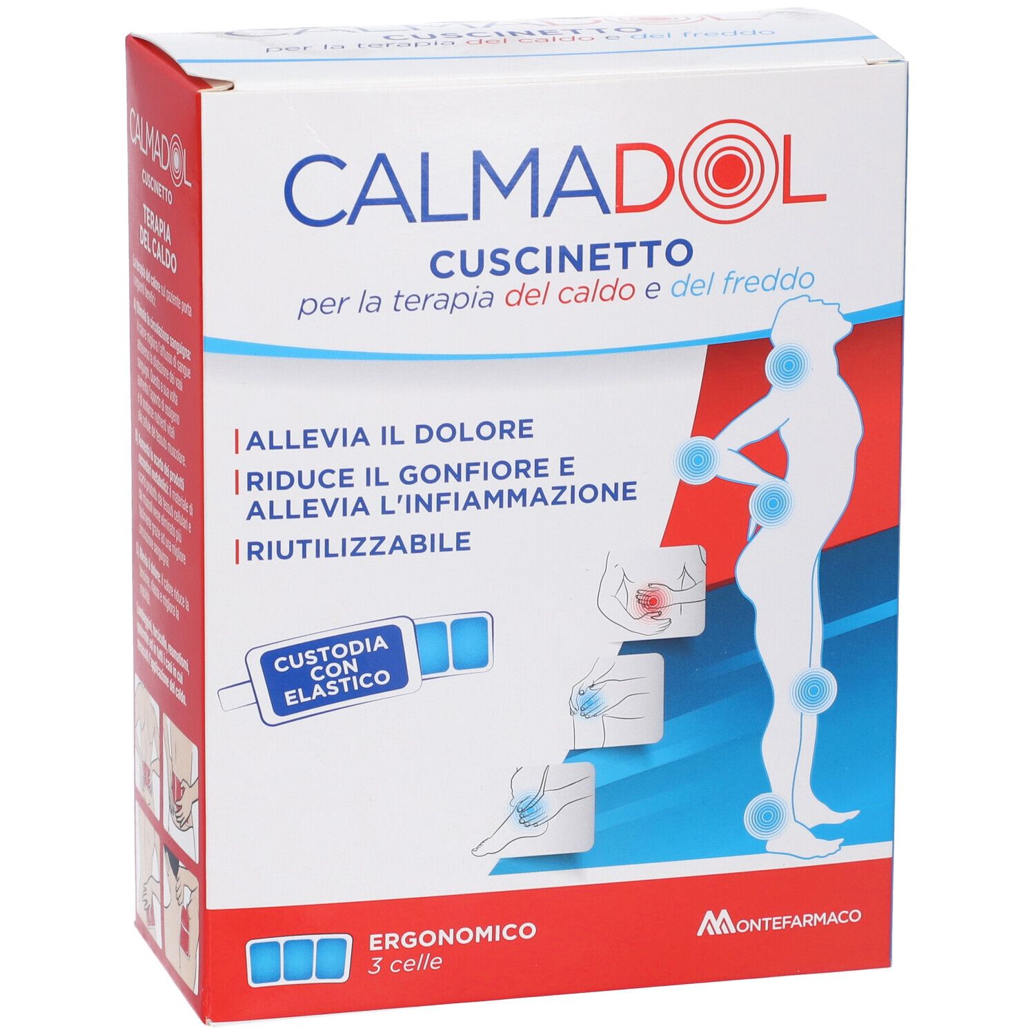 CALMADOL® Kühl-/Wärmepad-Verpackung mit Abbildungen zur Schmerzlinderung und Entzündungshemmung.