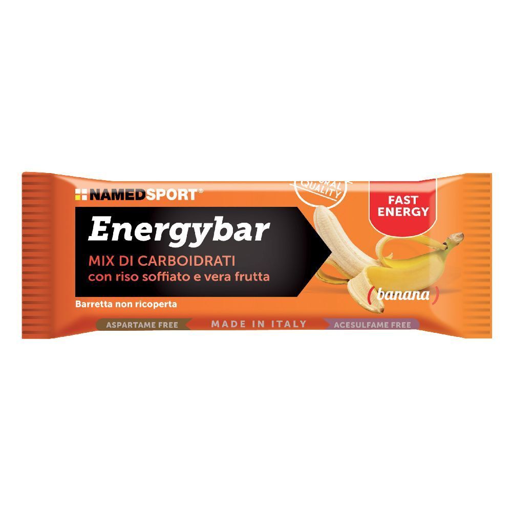Barretta energetica al gusto banana. Confezione arancione con nome prodotto e immagine banana.