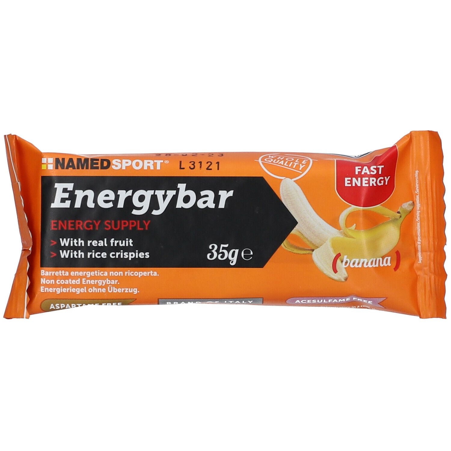 Barretta energetica al gusto banana. Confezione arancione, 35g, con nome prodotto e immagine banana.
