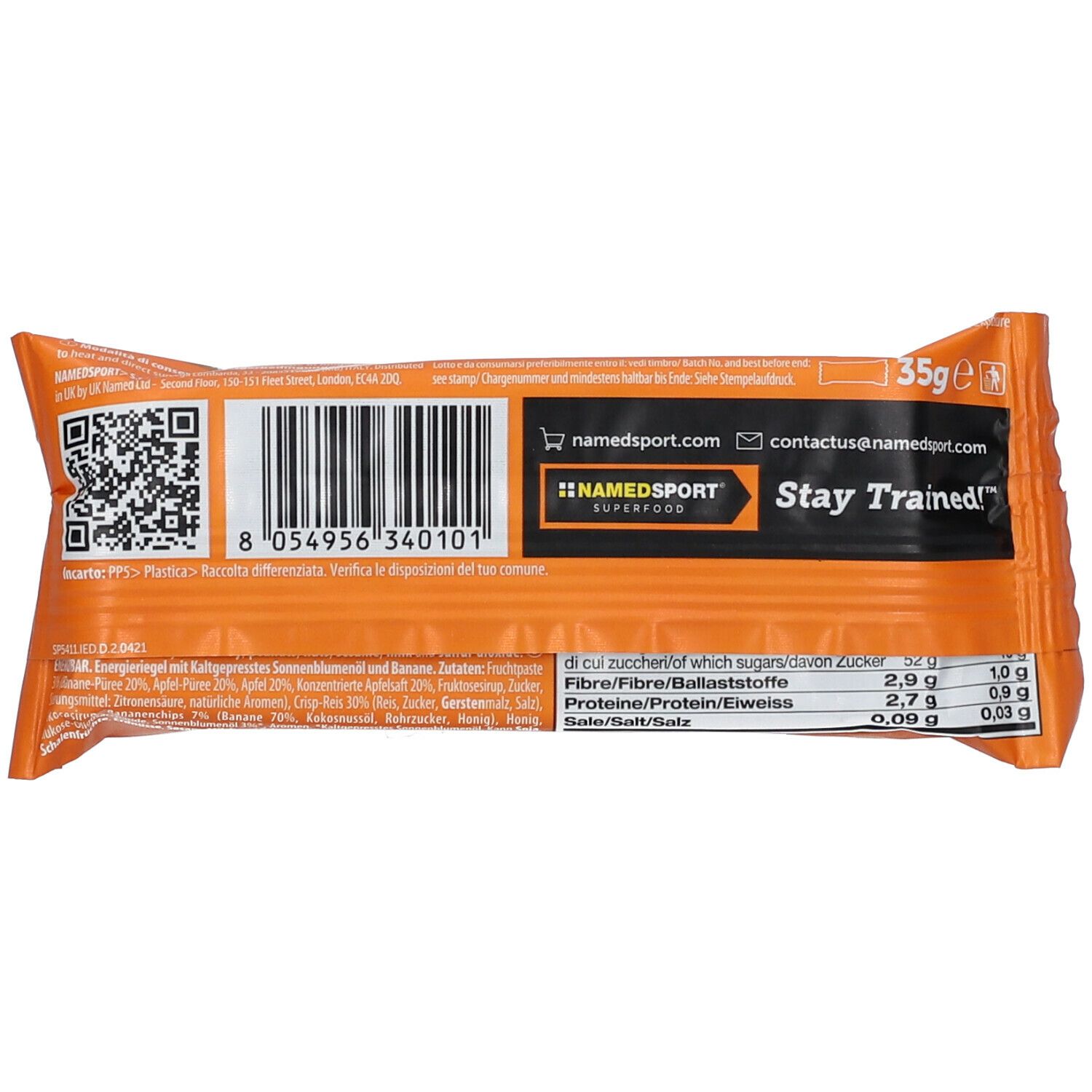 Retro della confezione della barretta energetica. Contiene informazioni nutrizionali, codice QR e logo del marchio.