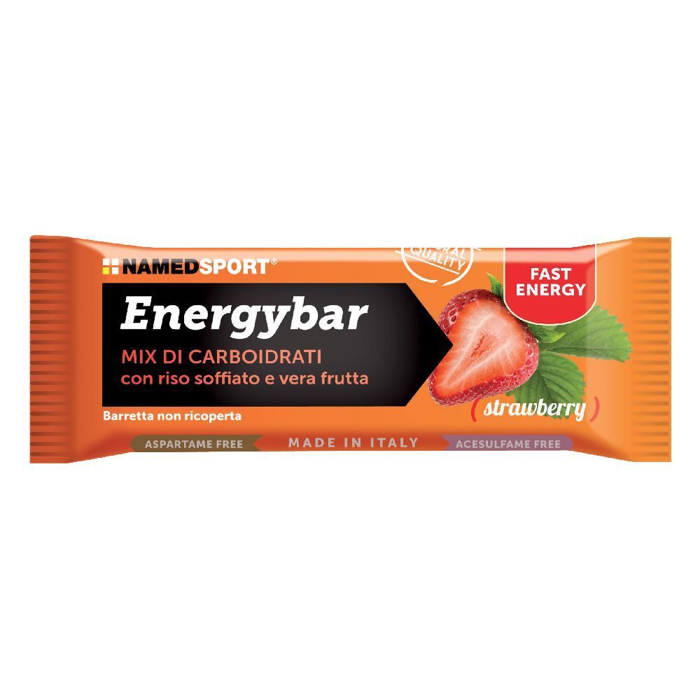 Barretta energetica alla fragola in confezione arancione. Scritta: NAMEDSPORT Energybar, Mix di carboidrati, immagine della fragola.