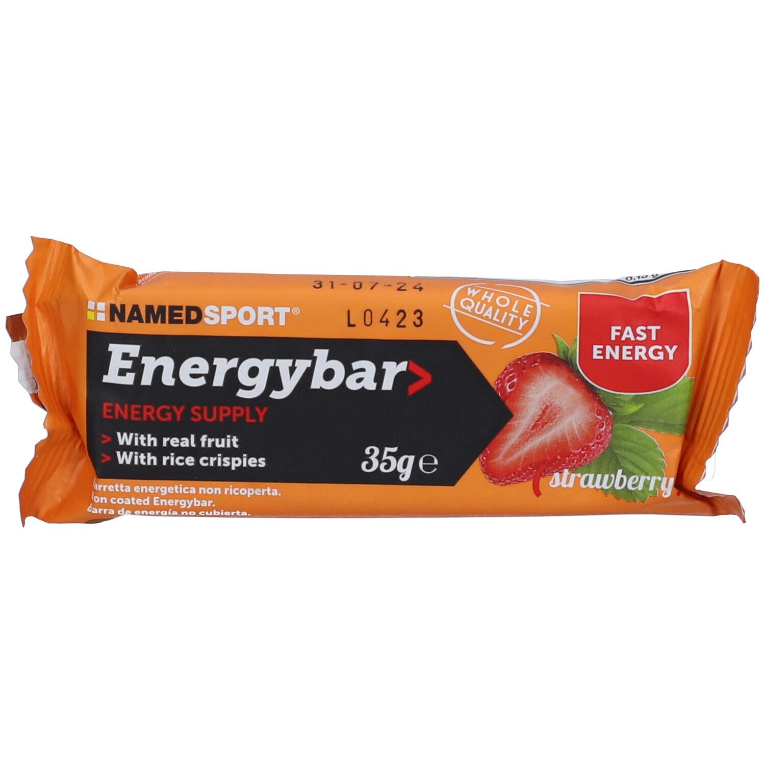 Barretta energetica alla fragola in confezione arancione. Scritta: NAMEDSPORT Energybar, 35g, immagine fragola, 'Fast Energy'.