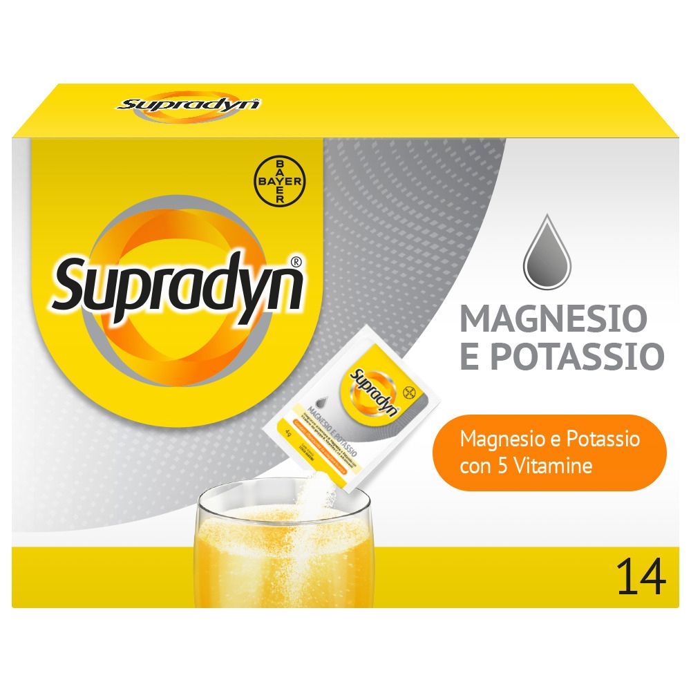 Scatola gialla con logo "Supradyn" e "Magnesio e Potassio". Contiene 14 bustine.