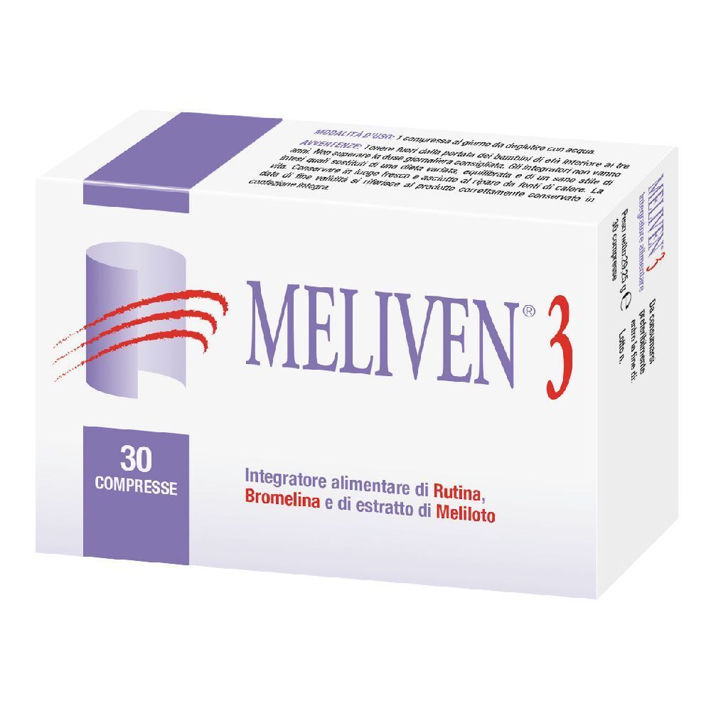 Scatola bianca con logo "MELIVEN 3" e 30 compresse. Testo: Integratore alimentare di Rutina, Bromelina e di estratto di Meliloto.