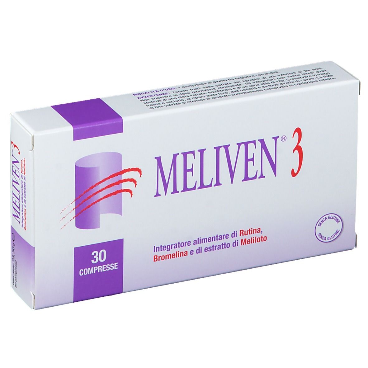 Scatola "MELIVEN 3" con 30 compresse. Logo, testo: Integratore alimentare di Rutina, Bromelina e di estratto di Meliloto. Senza glutine.