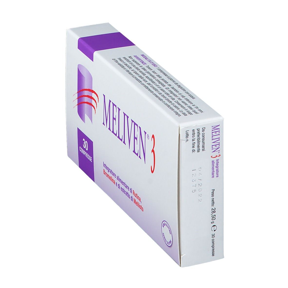 Scatola "MELIVEN 3" con 30 compresse. Logo, testo: Integratore alimentare di Rutina, Bromelina e di estratto di Meliloto. Senza glutine.