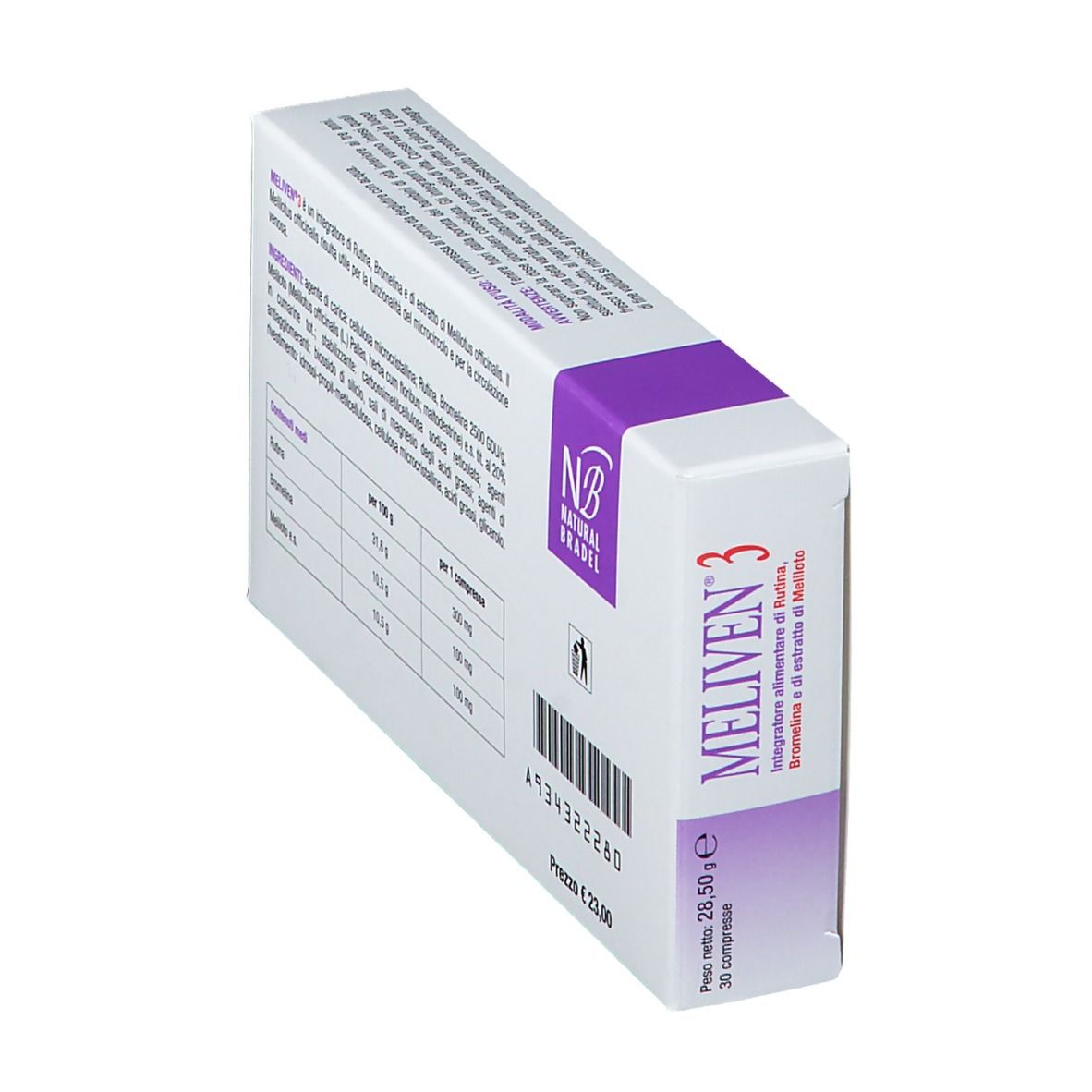 Scatola "MELIVEN 3" con ingredienti, tabella nutrizionale e logo del produttore. Testo in italiano.