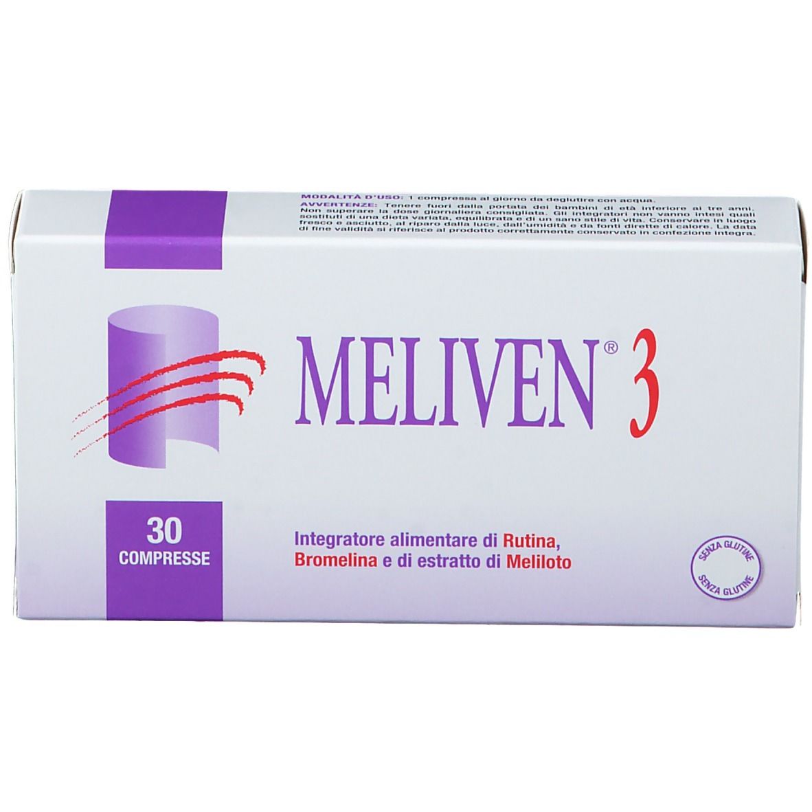 Scatola bianca con logo "MELIVEN 3" e 30 compresse. Testo: Integratore alimentare di Rutina, Bromelina e di estratto di Meliloto. Senza glutine.