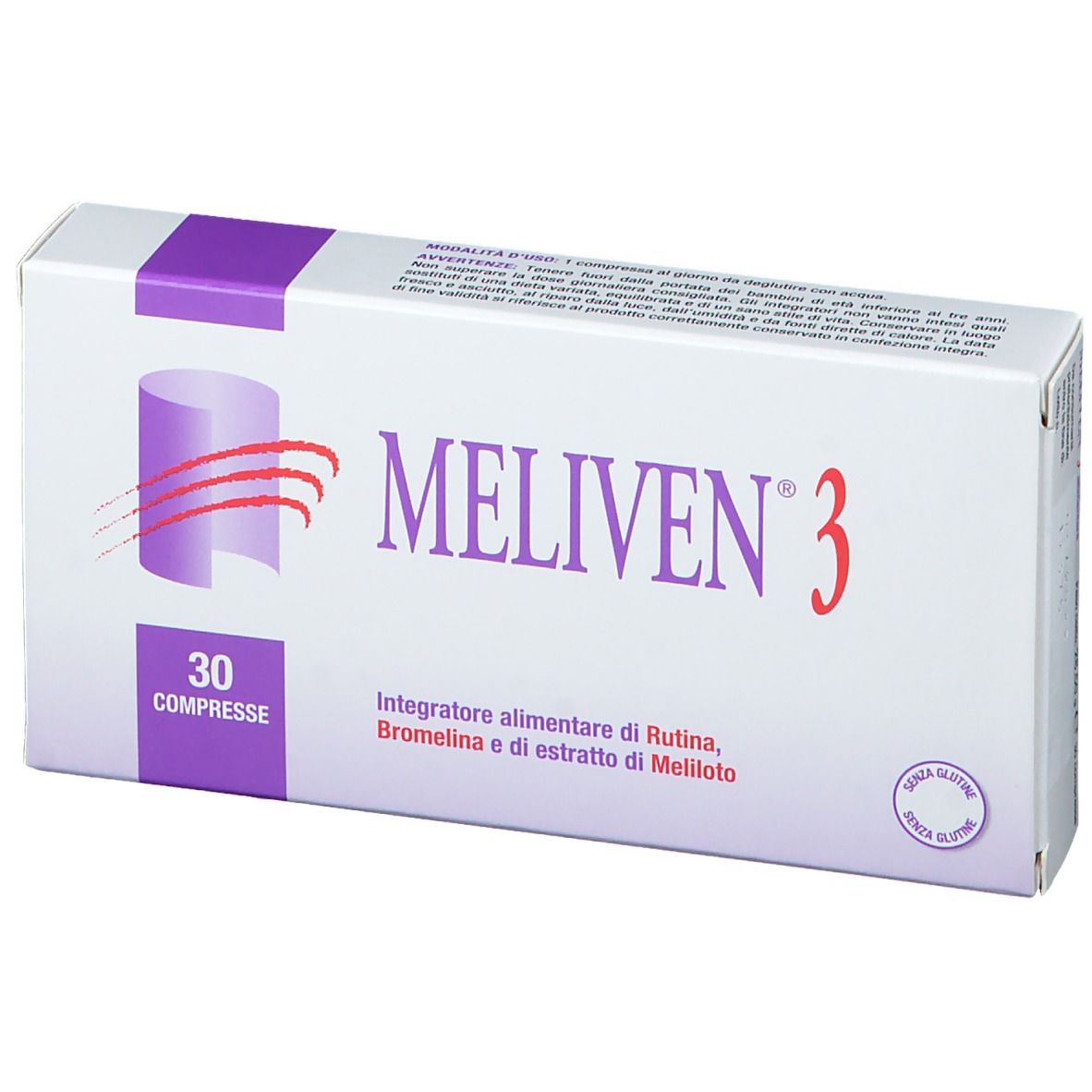 Scatola bianca con logo "MELIVEN 3" e 30 compresse. Testo: Integratore alimentare di Rutina, Bromelina e di estratto di Meliloto. Senza glutine.