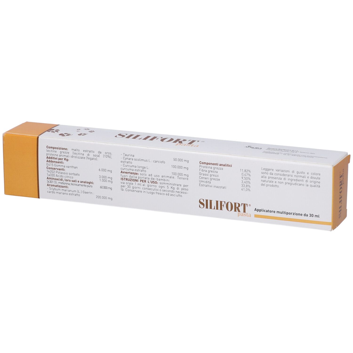 Rückseite der Silifort Pasta Verpackung mit Inhaltsstoffen und Anwendungshinweisen.