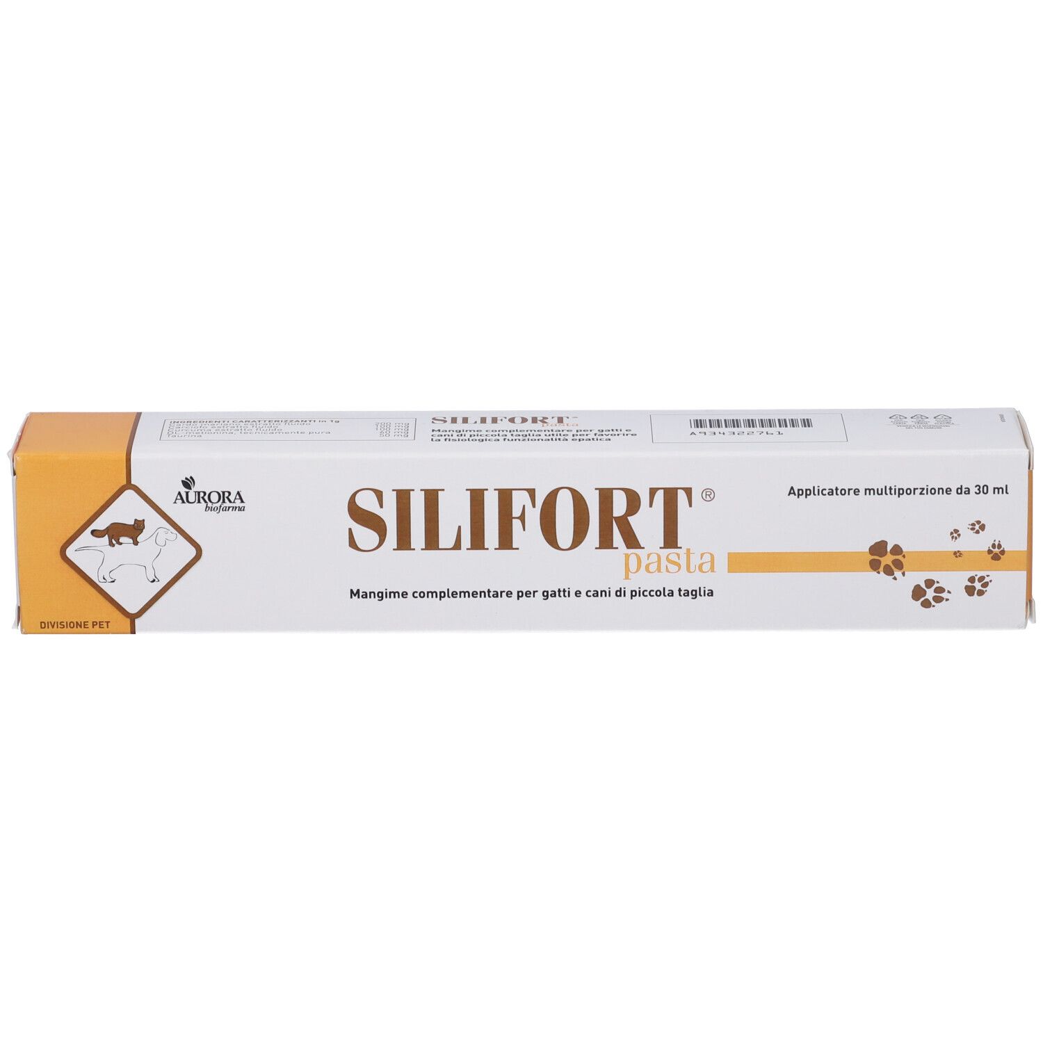 Verpackung von Silifort Pasta für Hunde und Katzen, 30 ml Applikator.