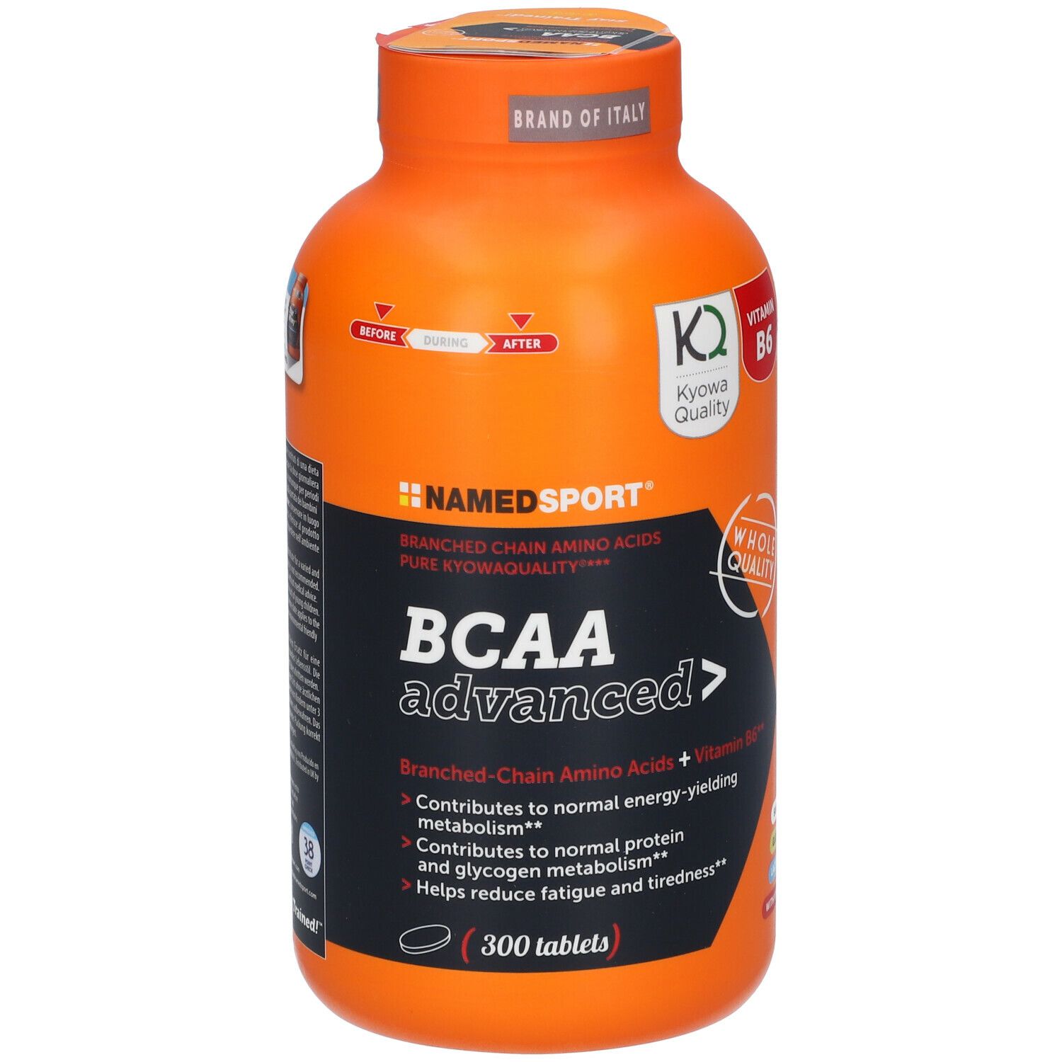Flacone arancione NAMEDSPORT® BCAA Advanced. 300 compresse. Con Kyowa Quality e vitamina B6.