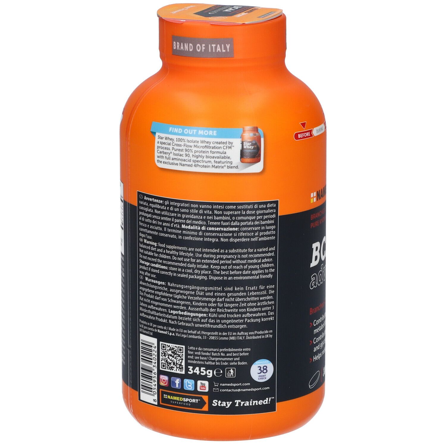Retro del flacone arancione NAMEDSPORT® BCAA Advanced. Contiene informazioni e ingredienti.