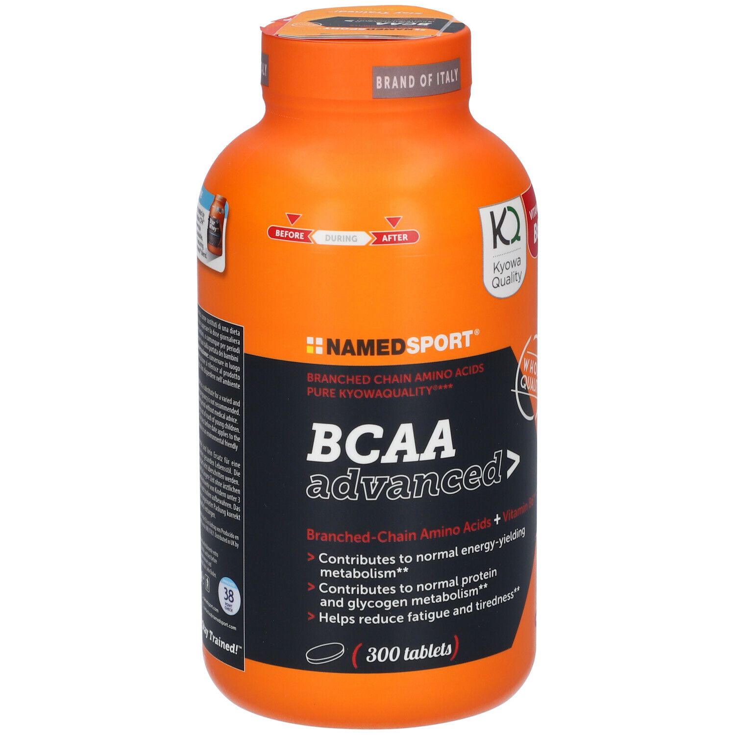Flacone arancione NAMEDSPORT® BCAA Advanced. 300 compresse. Con Kyowa Quality e vitamina B6.