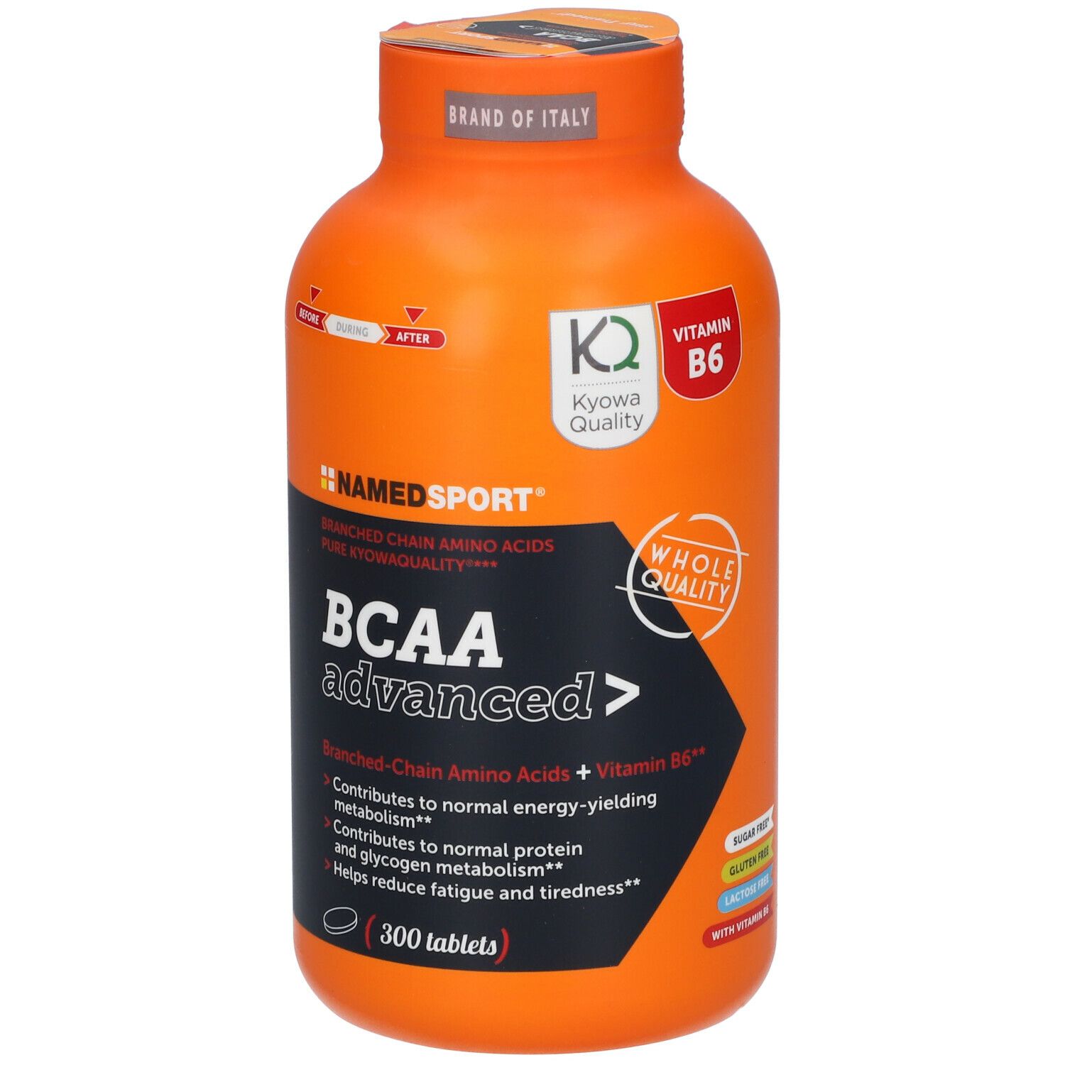 Flacone arancione NAMEDSPORT® BCAA Advanced. 300 compresse. Con Kyowa Quality e vitamina B6.