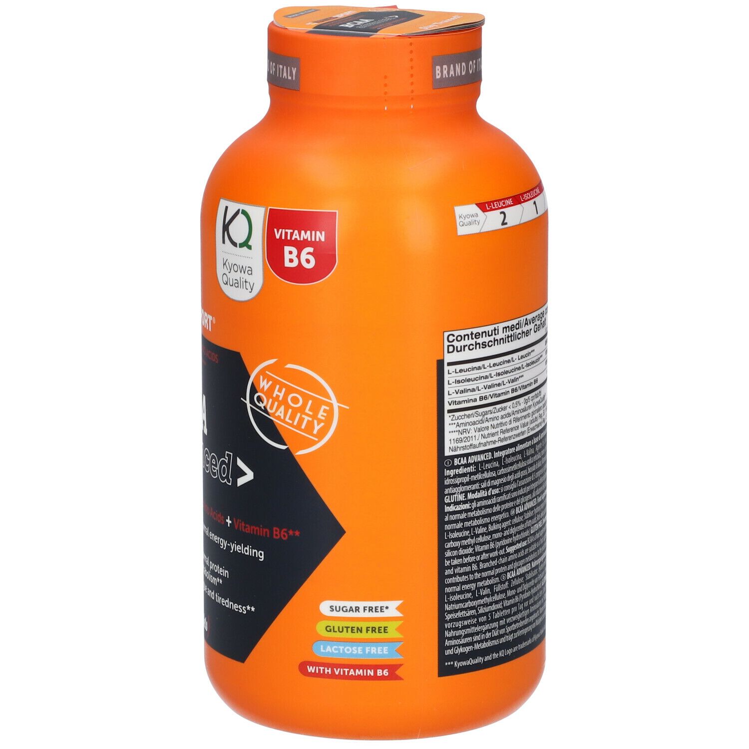 Retro del flacone arancione NAMEDSPORT® BCAA Advanced. Con ingredienti e vitamina B6.