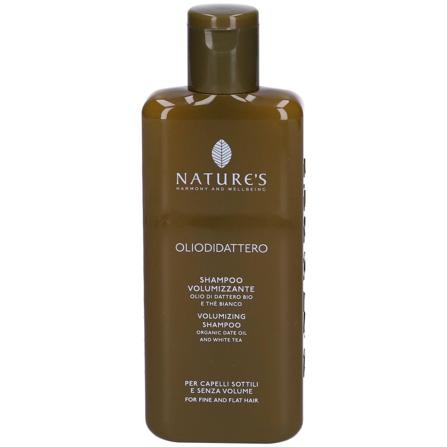Flacone di shampoo verde con tappo a ribalta. Scritta: NATURE'S, Oliodidattero, Shampoo Volumizzante.