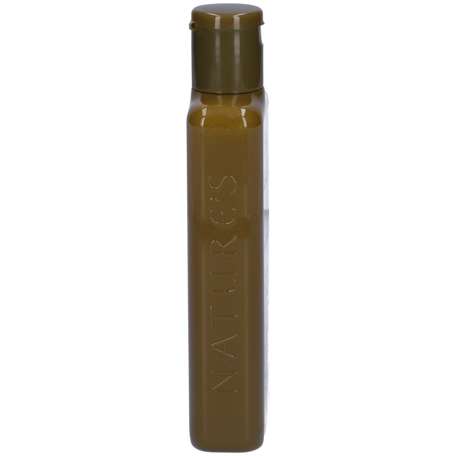 Flacone di shampoo verde stretto con tappo a ribalta. Scritta: NATURE'S.