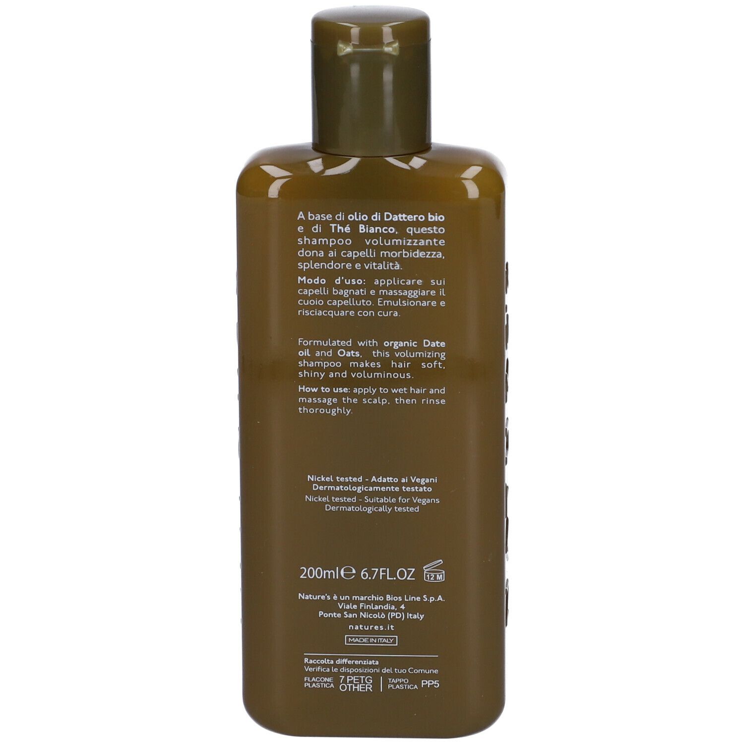 Retro di un flacone di shampoo verde. Testo in più lingue. Scritta: 200ml 6.7FL.OZ.
