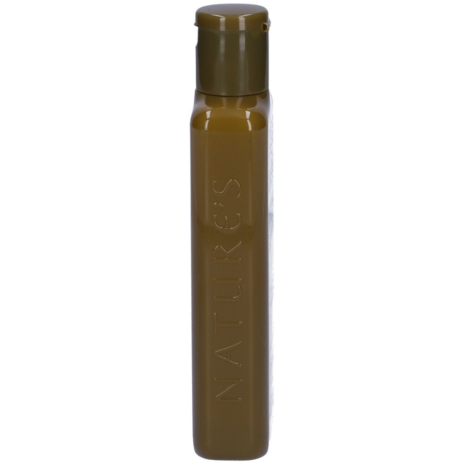Flacone di shampoo verde stretto con tappo a ribalta. Scritta: NATURE'S.
