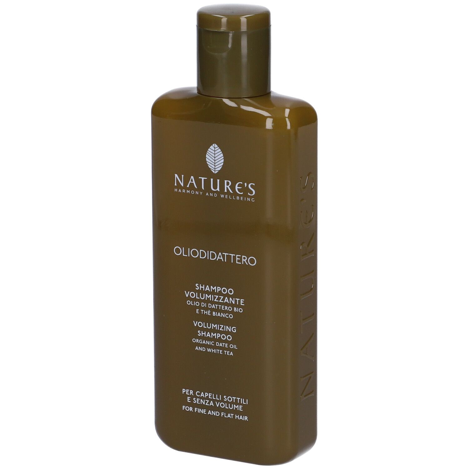 Flacone di shampoo verde con tappo a ribalta. Scritta: NATURE'S, Oliodidattero, Shampoo Volumizzante.