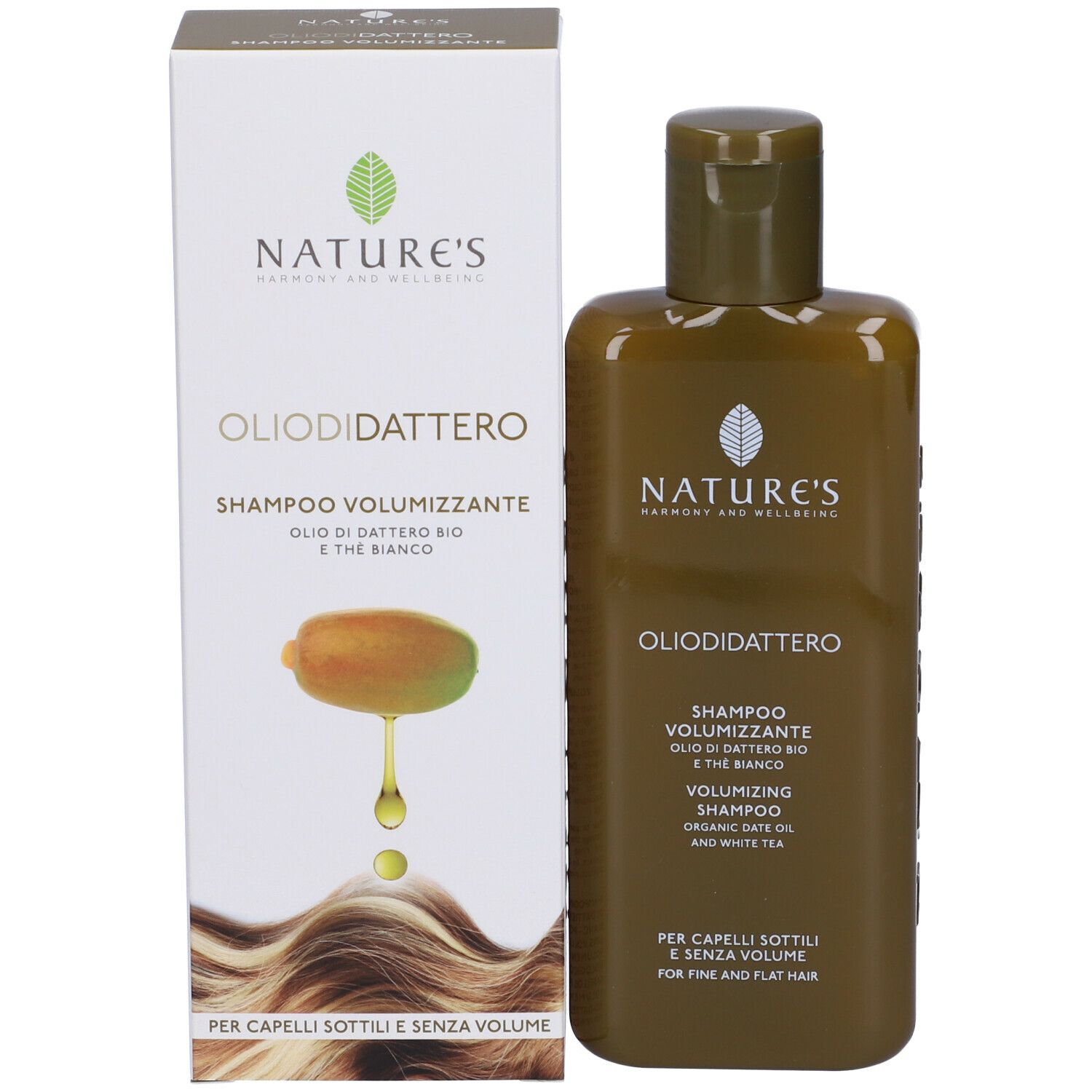 Confezione del prodotto con flacone di shampoo. Scritta: NATURE'S, Oliodidattero, Shampoo Volumizzante.