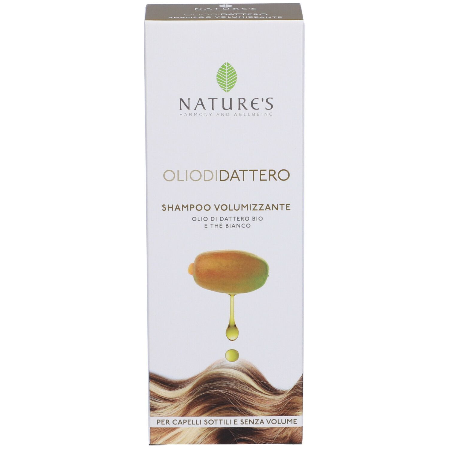 Confezione del prodotto. Scritta: NATURE'S, Oliodidattero, Shampoo Volumizzante.