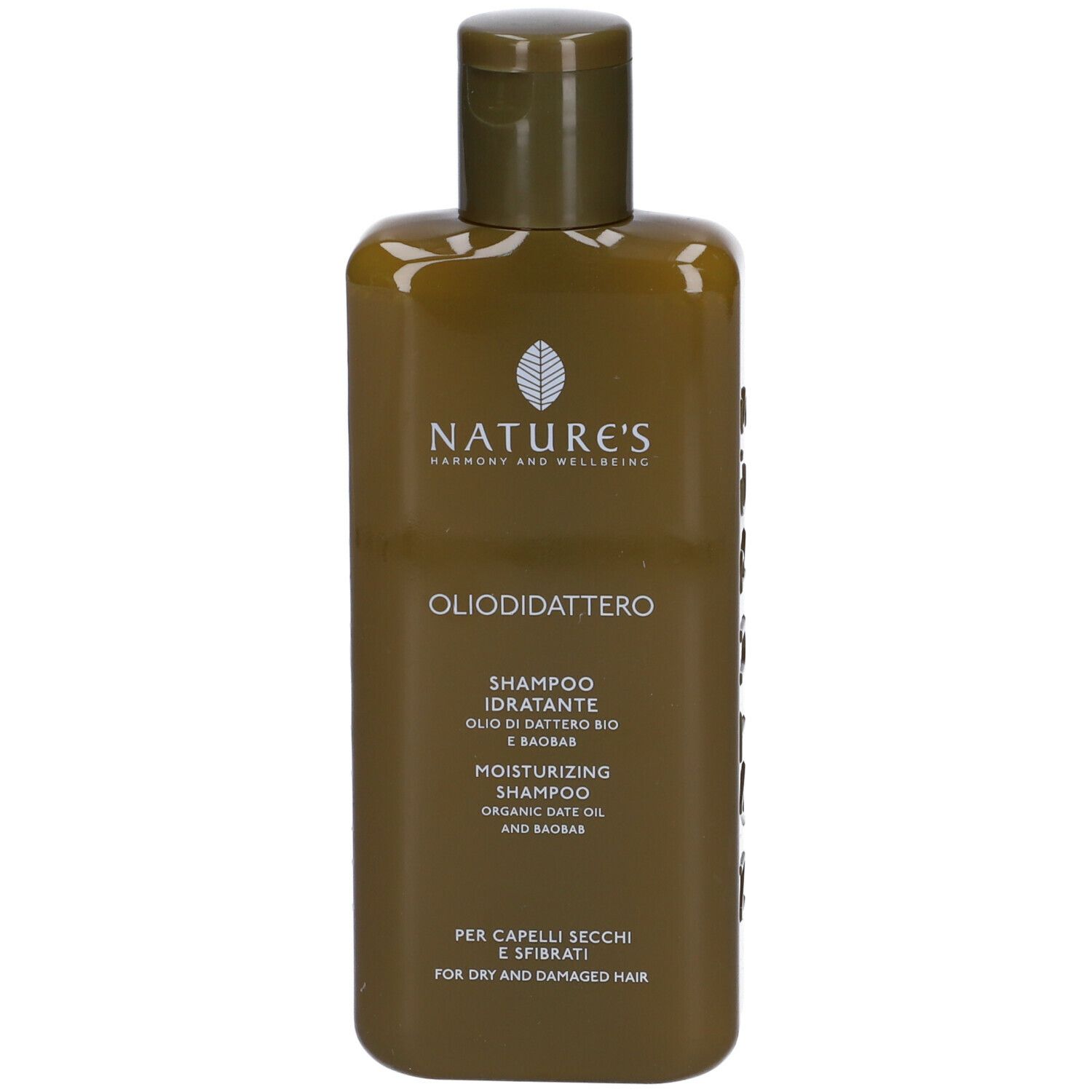 Flacone di shampoo verde con tappo a ribalta. Scritte: NATURE'S, OLIODIDATTERO, Shampoo Idratante, per capelli secchi.