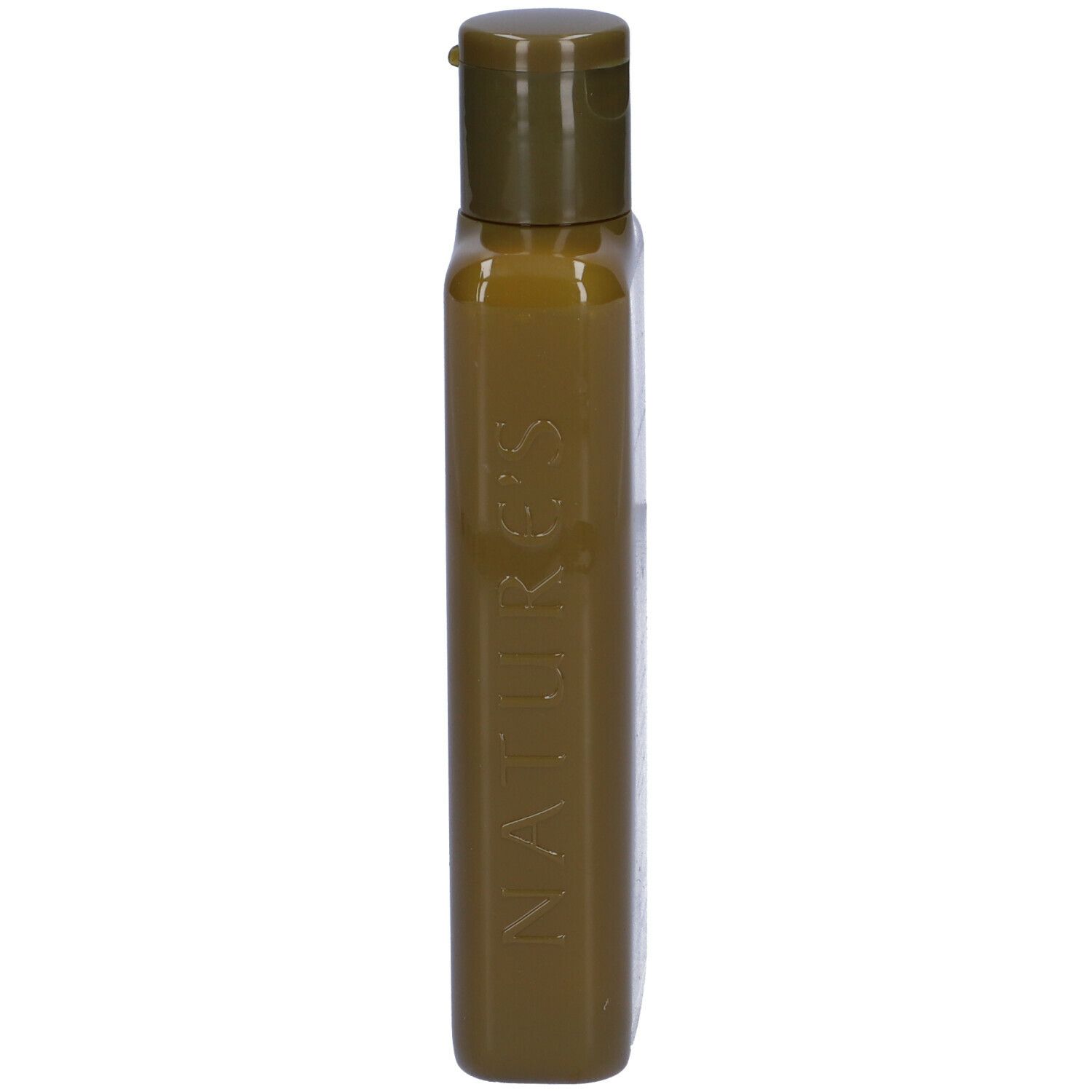Flacone di shampoo verde con tappo a ribalta. Scritta: NATURE'S. Forma rettangolare allungata.