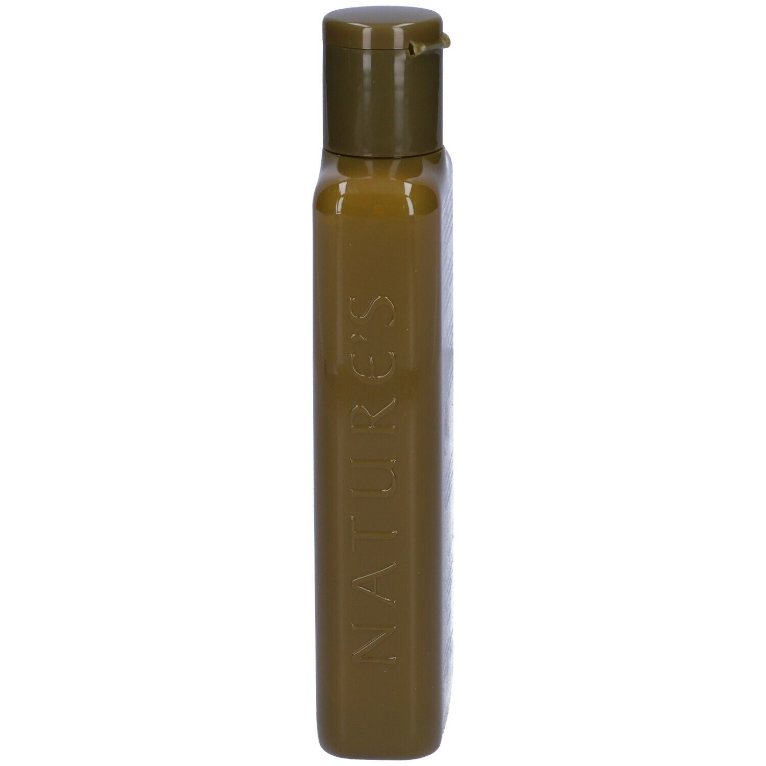Flacone di shampoo verde con tappo a ribalta. Scritta: NATURE'S. Forma rettangolare allungata.