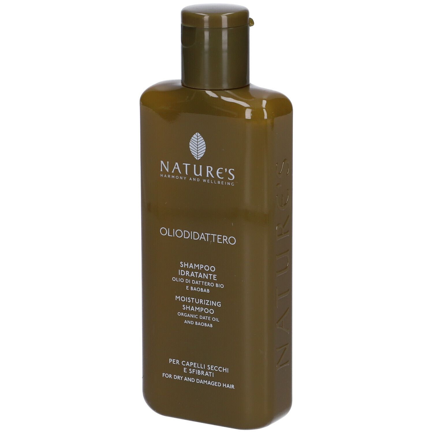 Flacone di shampoo verde con tappo a ribalta. Scritte: NATURE'S, OLIODIDATTERO, Shampoo Idratante, per capelli secchi.