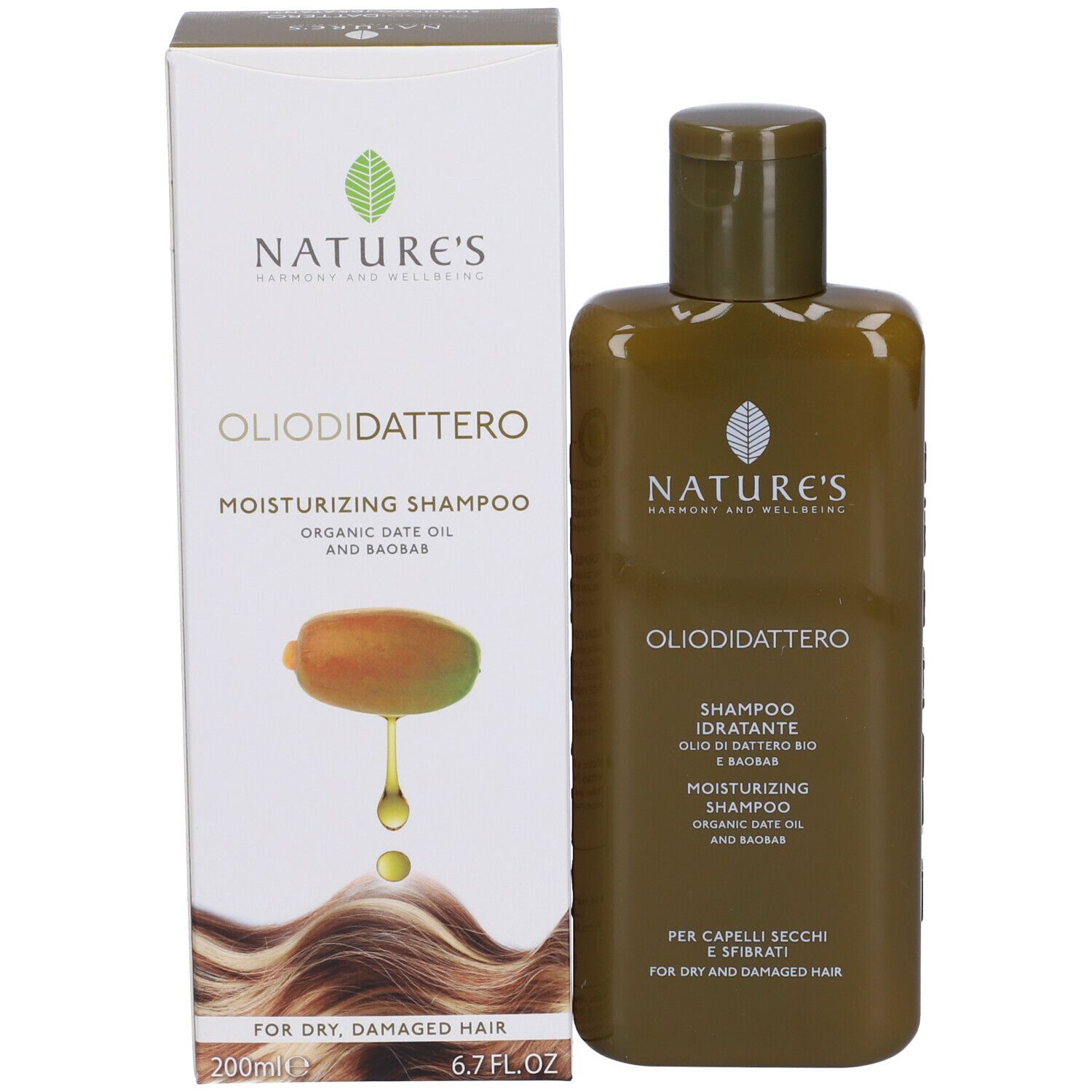 Confezione del prodotto con flacone di shampoo e scatola. Scritte: NATURE'S, OLIODIDATTERO, Moisturizing Shampoo.