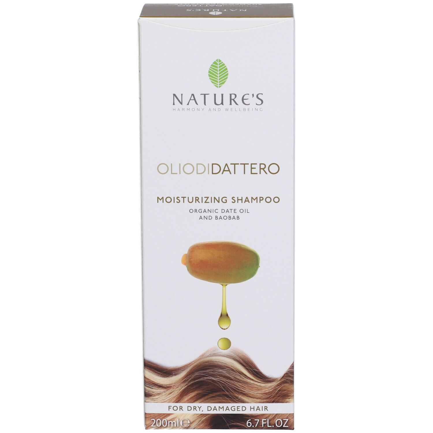 Confezione del prodotto con scatola. Scritte: NATURE'S, OLIODIDATTERO, Moisturizing Shampoo. Illustrazione di dattero.
