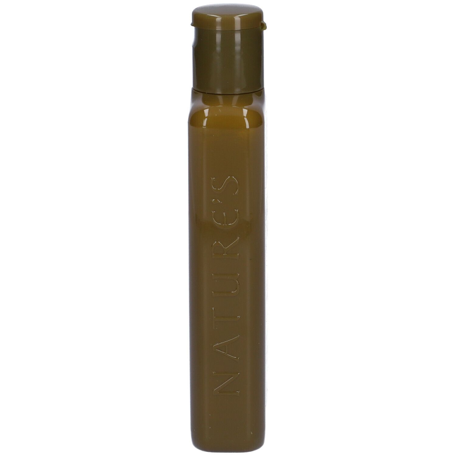 Braune Flasche mit Klappdeckel und geprägtem Schriftzug 'NATURE'S'.
