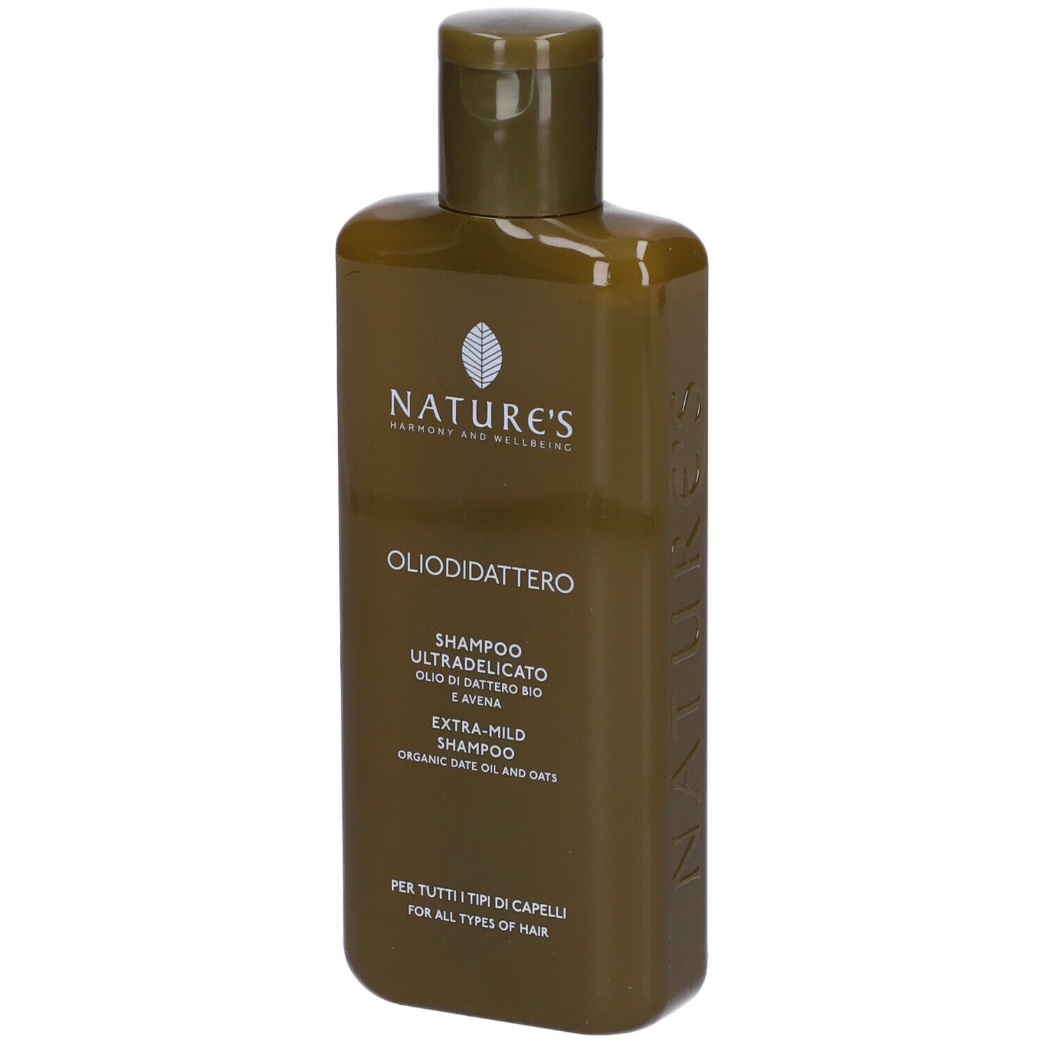 Braune Flasche Nature's Shampoo mit Olio di Dattero, extra mild, für alle Haartypen.