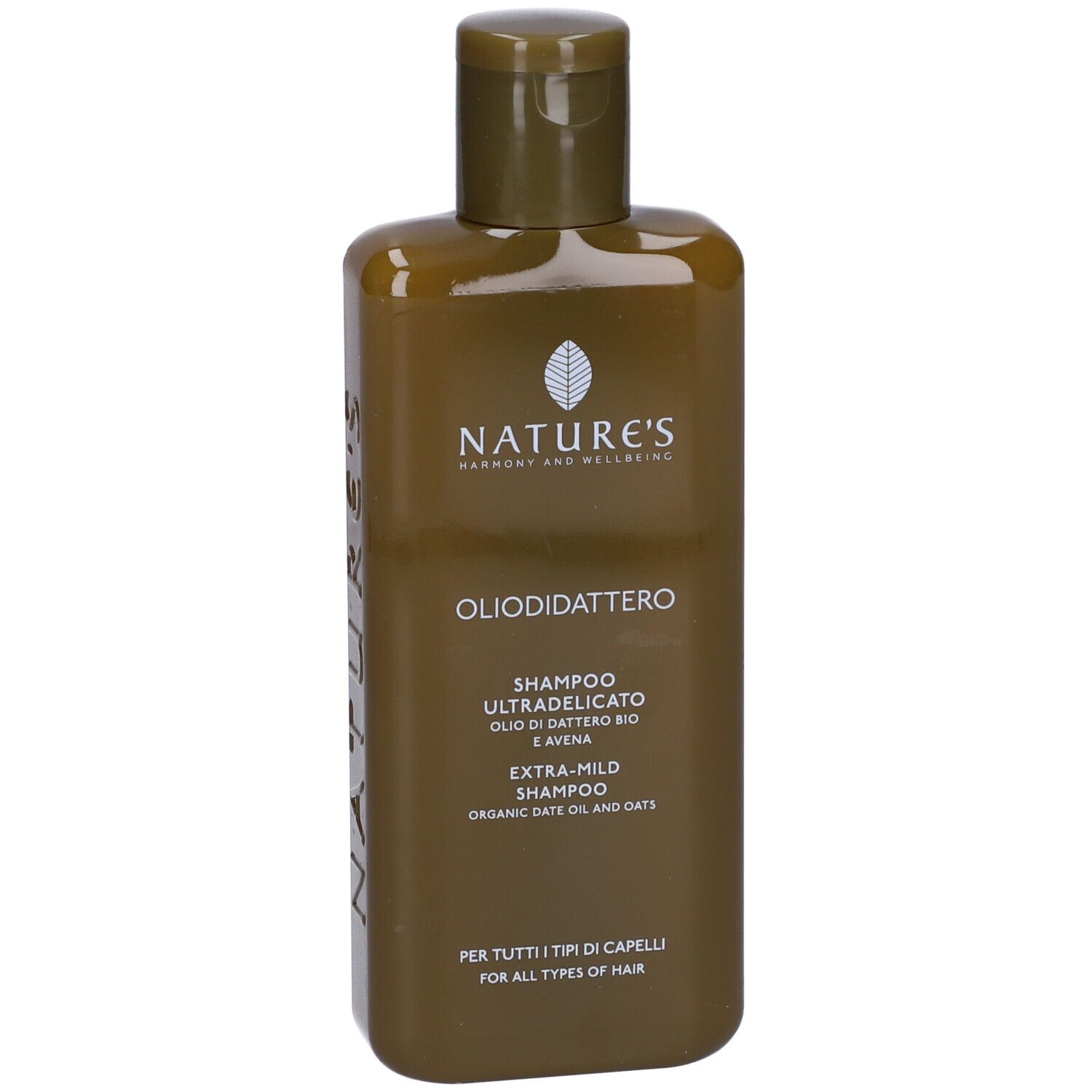 Braune Flasche Nature's Oliodidattero Extra-Mild Shampoo mit Aufklappdeckel. Enthält Bio-Dattelöl und Hafer.