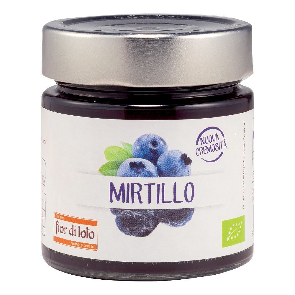 Vasetto con etichetta Mirtillo, illustrazione mirtilli. Coperchio argentato. Sigillo bio.
