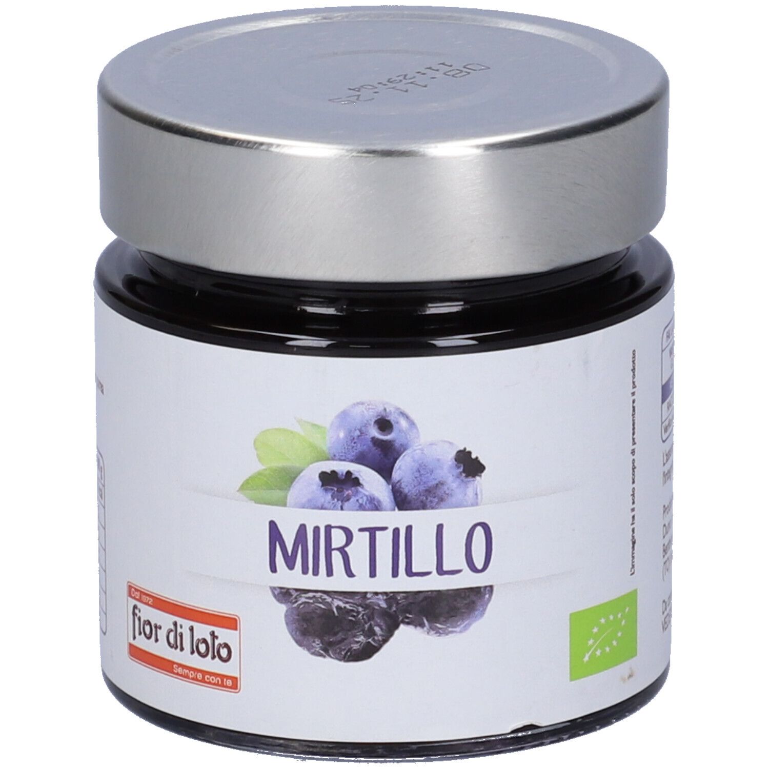 Vasetto con etichetta Mirtillo, illustrazione mirtilli. Coperchio argentato. Sigillo bio.