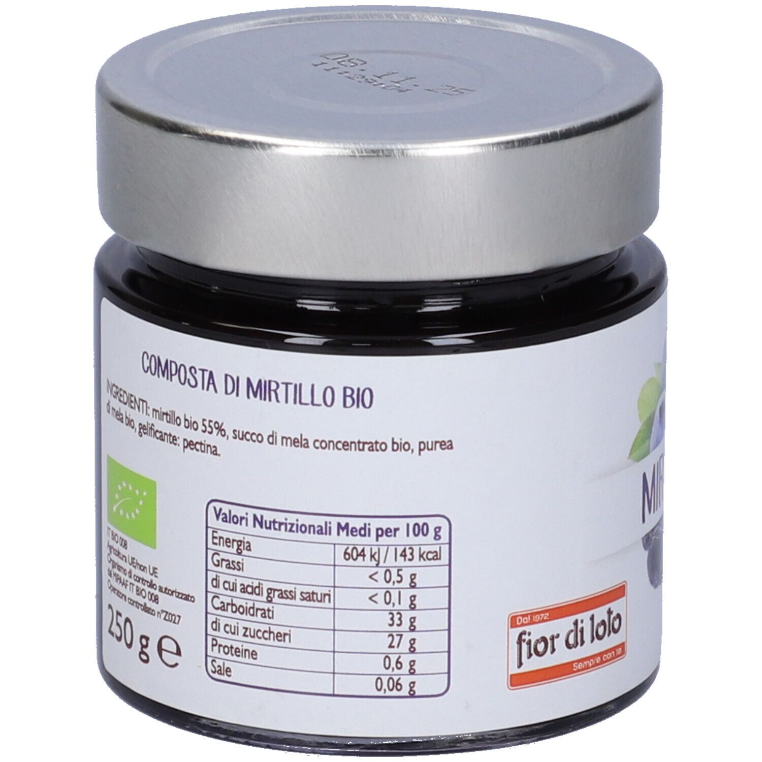 Vasetto con etichetta, elenco ingredienti e valori nutrizionali. Sigillo bio. 250g.