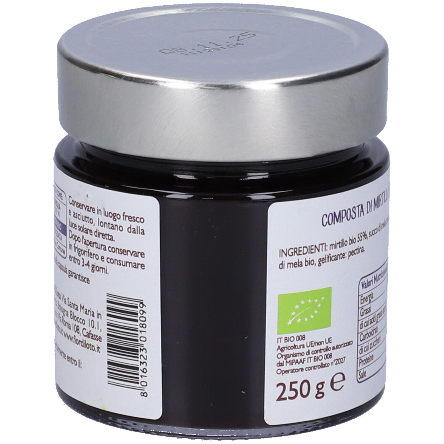 Vasetto con etichetta, elenco ingredienti e istruzioni di conservazione. Sigillo bio. 250g.