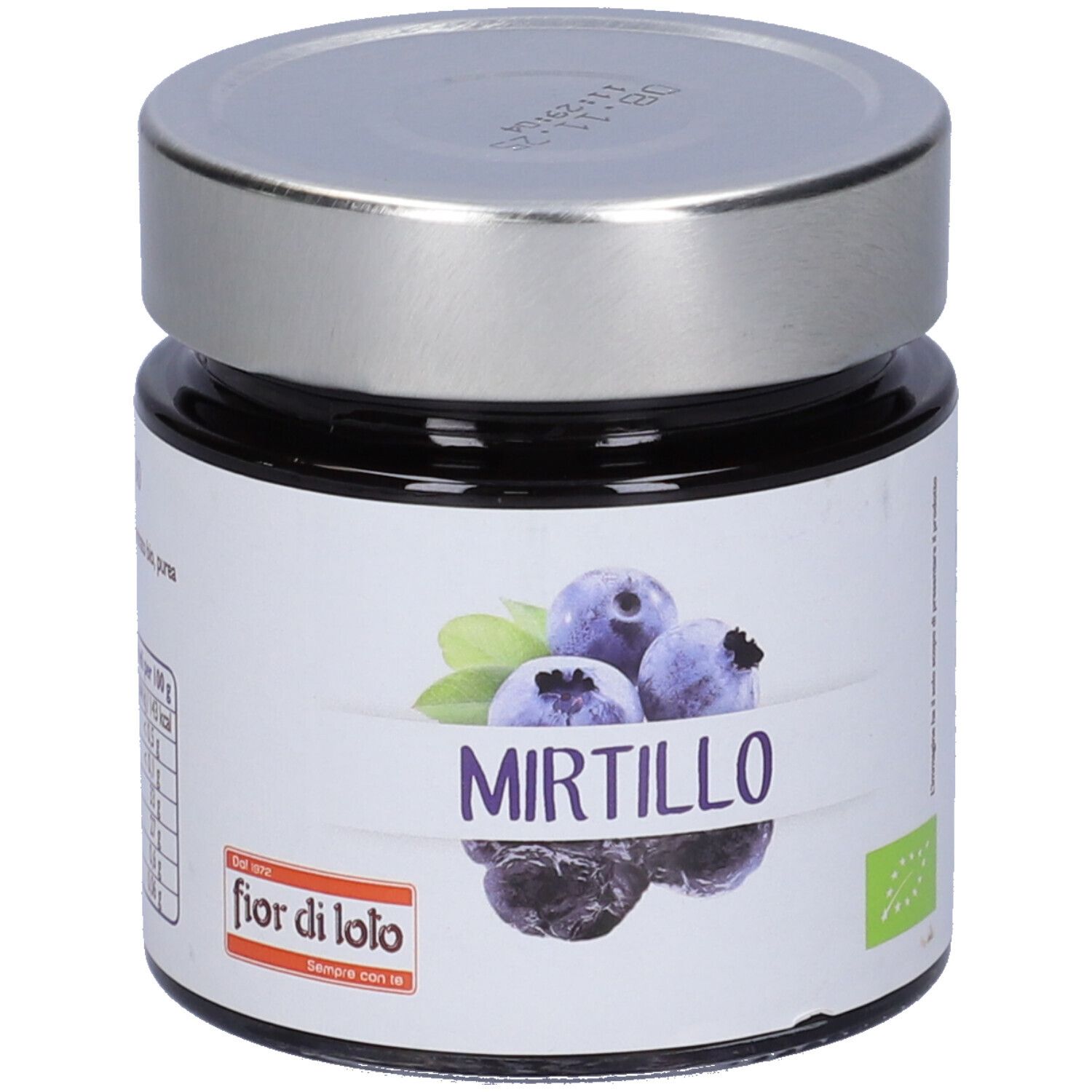 Vasetto con etichetta Mirtillo, illustrazione mirtilli. Coperchio argentato. Sigillo bio.