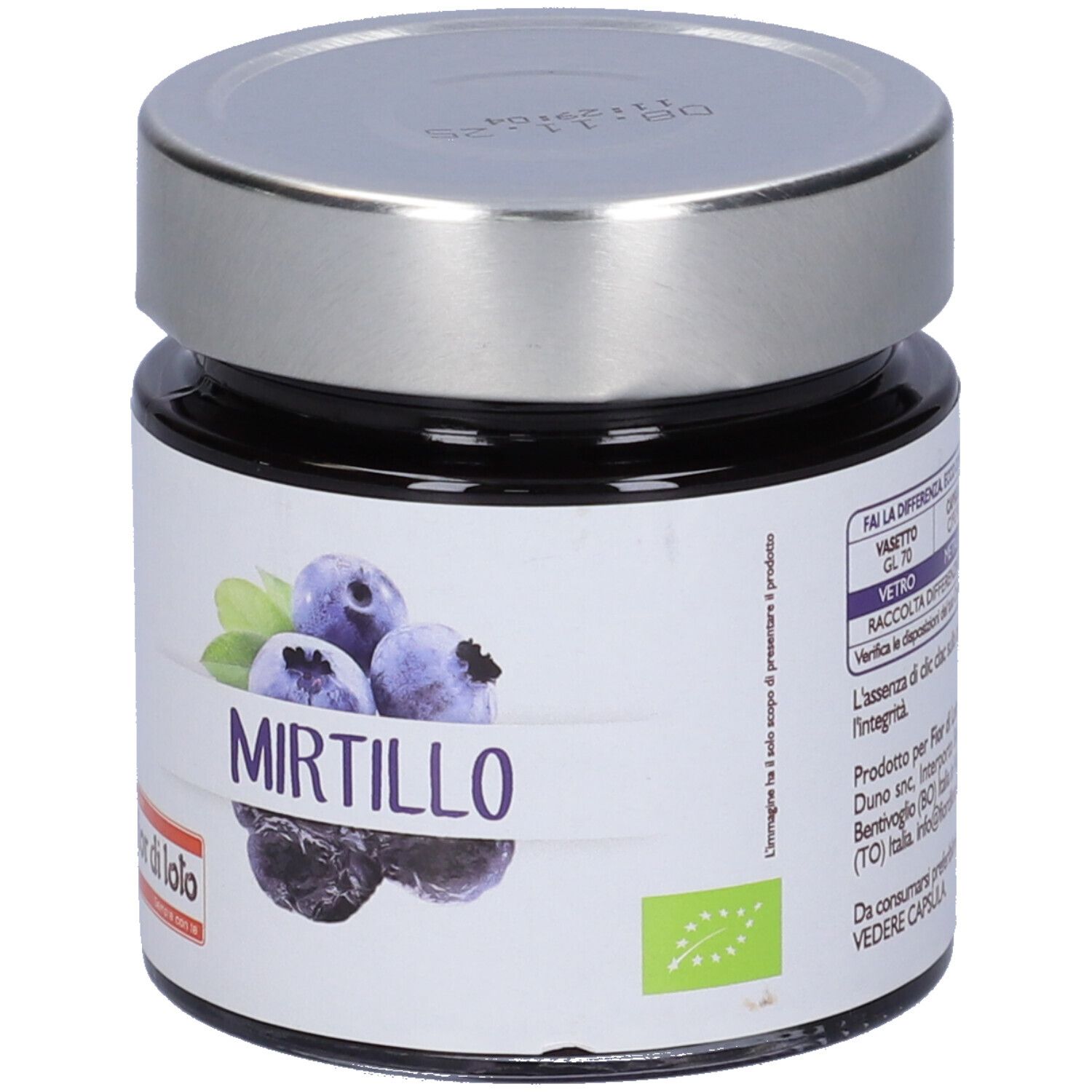 Vasetto con etichetta Mirtillo, illustrazione mirtilli. Coperchio argentato. Sigillo bio.