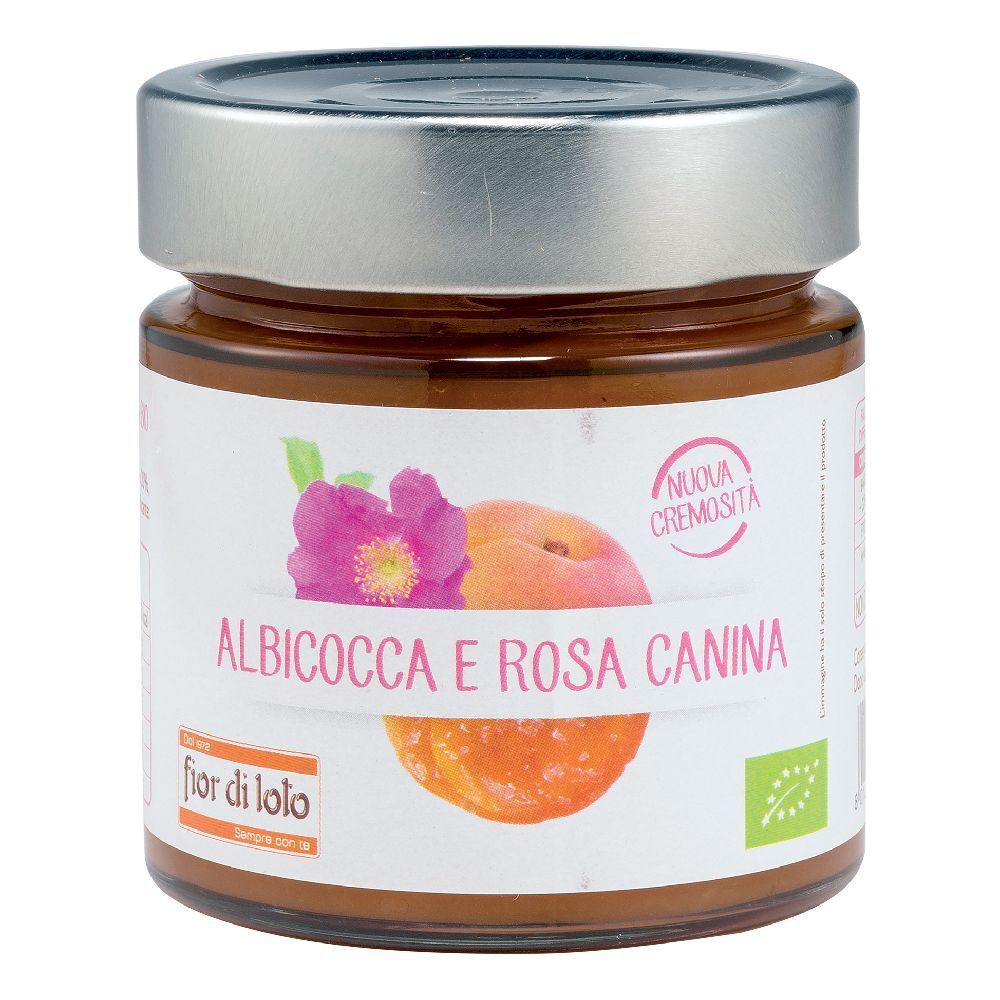 Vasetto con etichetta 'Albicocca e Rosa Canina'. Immagine di albicocca e rosa canina. Coperchio argentato.