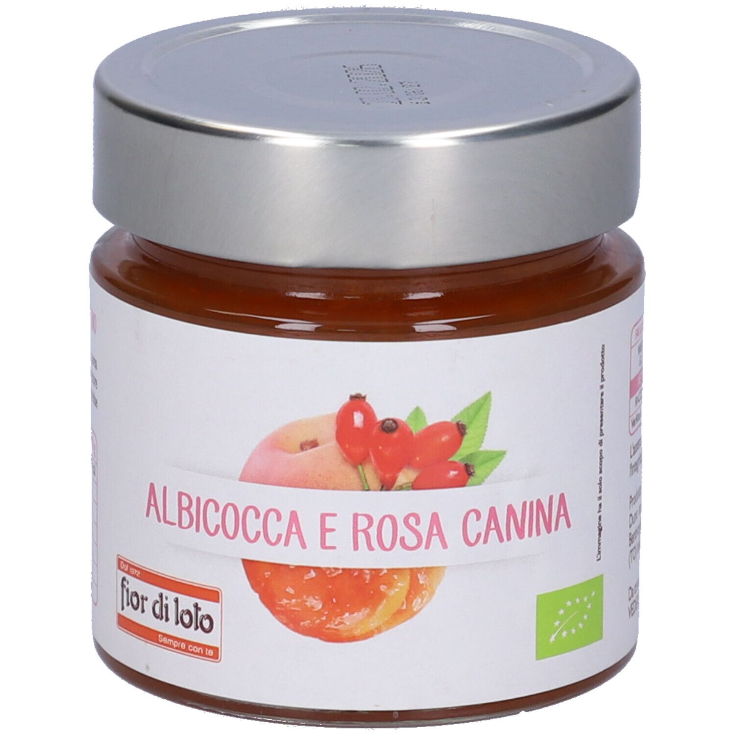 Vasetto con etichetta 'Albicocca e Rosa Canina'. Immagine di albicocca e rosa canina. Coperchio argentato.
