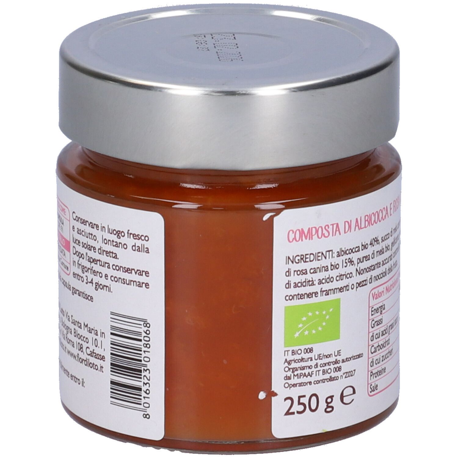 Vasetto con retro etichetta 'Albicocca e Rosa Canina'. Istruzioni per l'uso. Coperchio argentato.